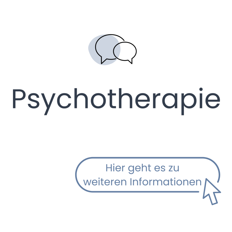 Sprechblasen-Icon mit dem Text "Psychotherapie" und einem Hinweis auf weitere Informationen